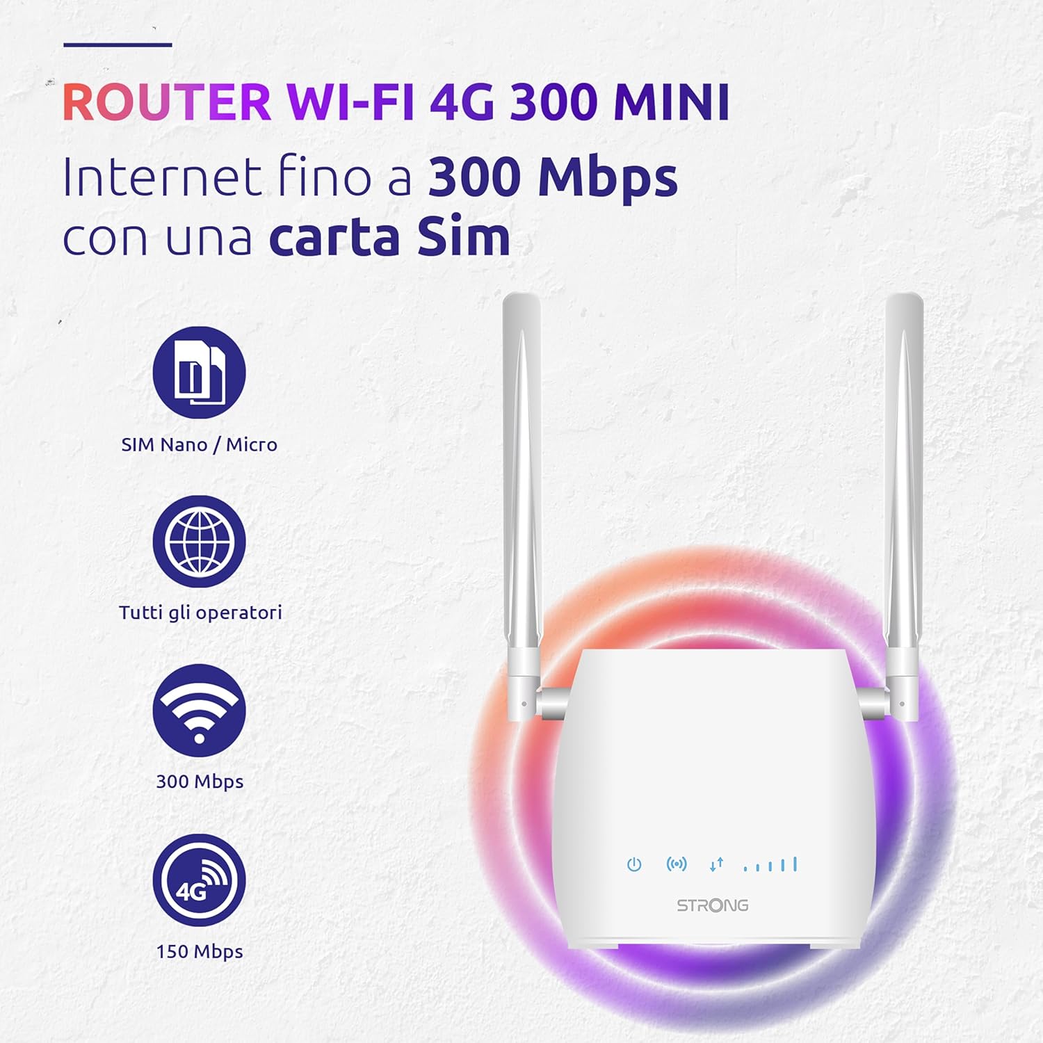 STRONG - Router Wifi 4G LTE 300M - Hasta 150 Mbps 4G/300 Mbps Wifi - 1 Puerto RJ45 - Funciona con Todo Tipo de SIM - Uso Compartido de la Red Móvil - Antenas Desmontables - Fácil de Instalar - Blanco