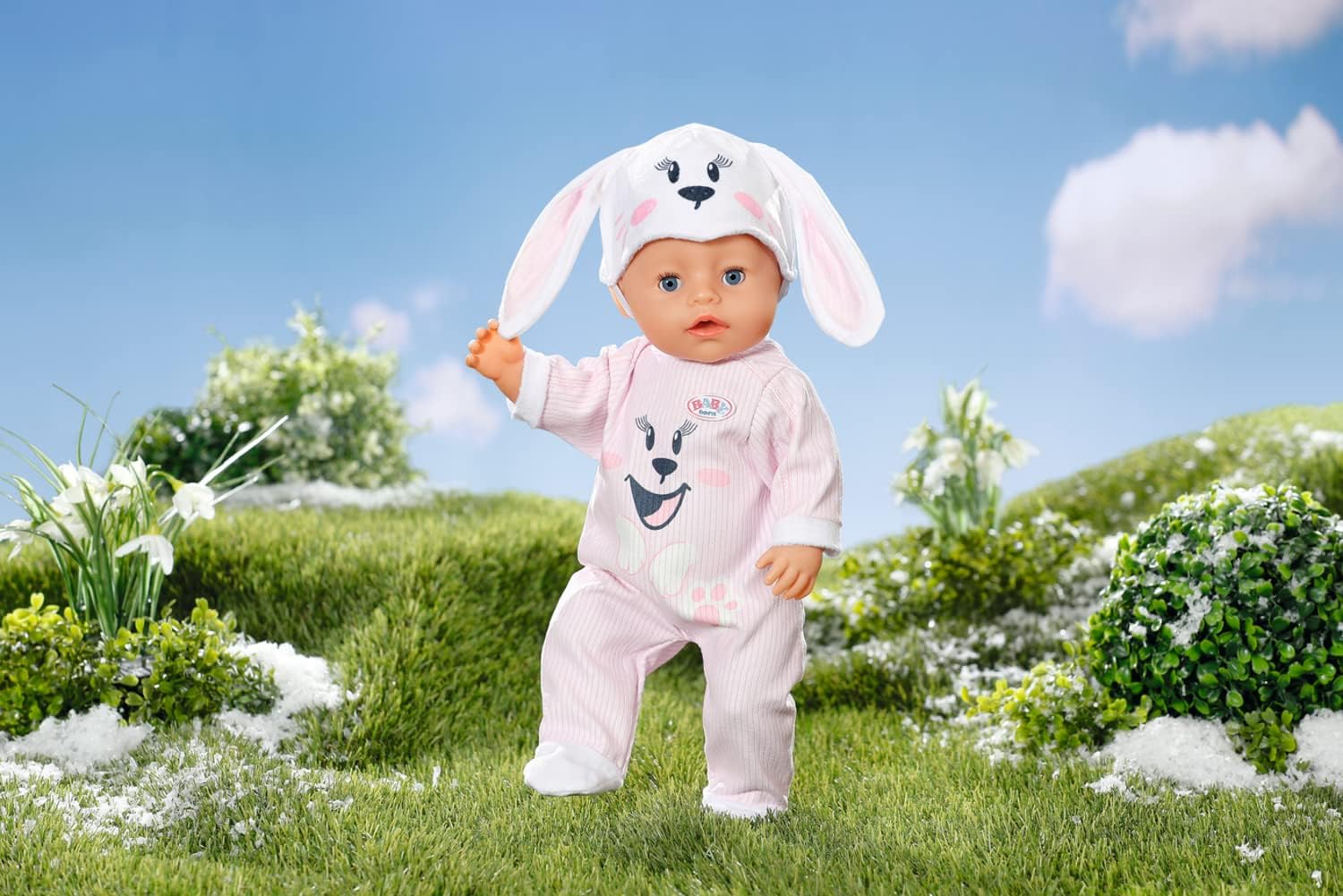 BABY born Bunny Cuddly Suit 834473 - Rabbit Print Onesie with Matching Hat for 43cm Dolls - Doll Not Included - Suitable for Kids From 3+ Years