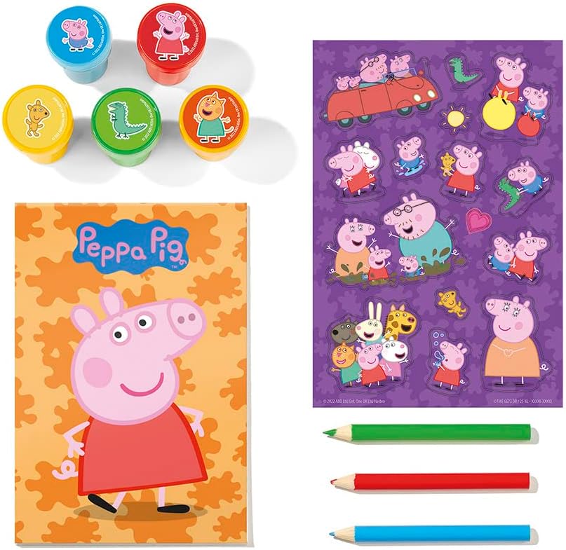Totum 360242 Set-Creative Set of 5 Self-Inking Stamps, Books, 3 Colouring Pencils & Stickers with Peppa Pig & Friends Designs