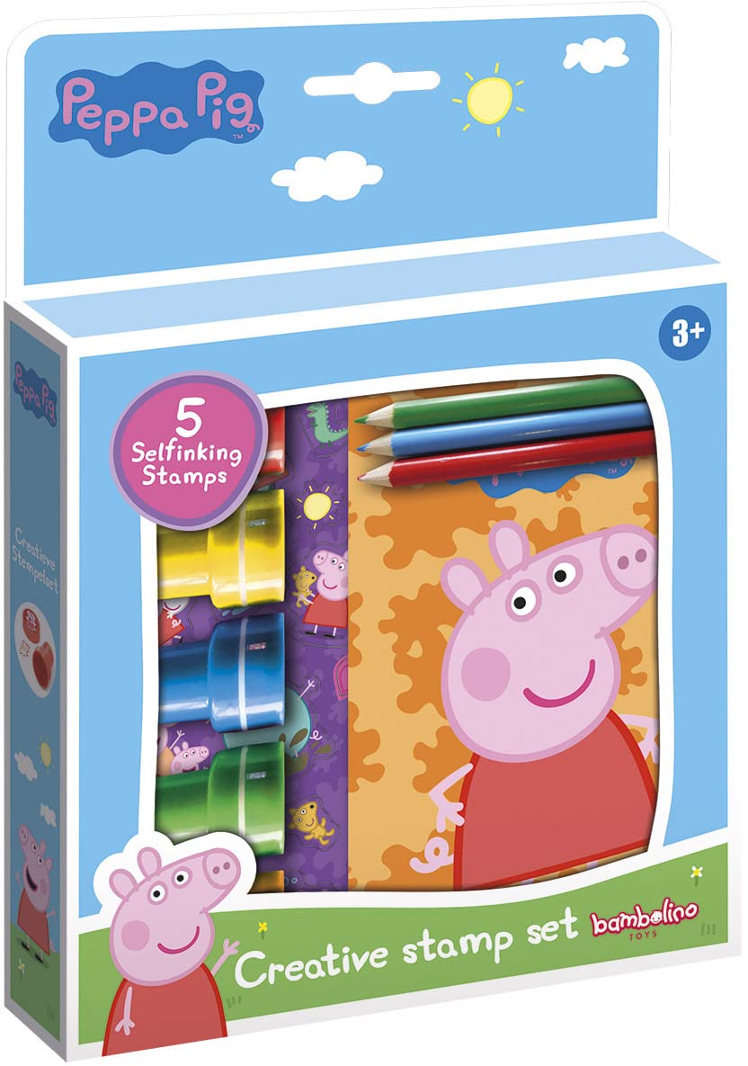 Totum 360242 Set-Creative Set of 5 Self-Inking Stamps, Books, 3 Colouring Pencils & Stickers with Peppa Pig & Friends Designs