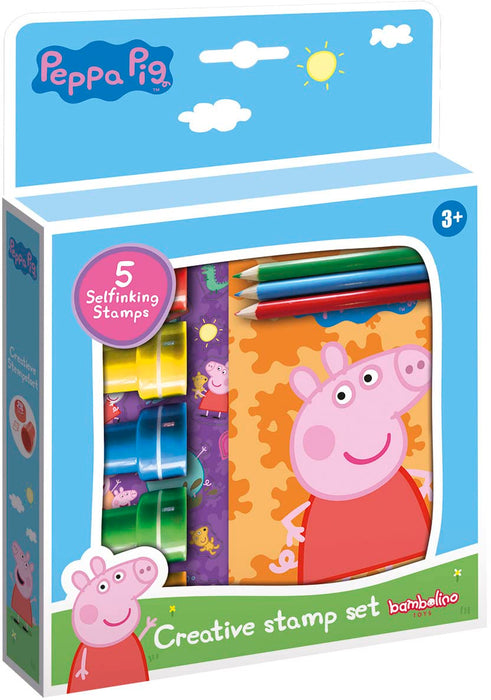 Totum 360242 Set-Creative Set of 5 Self-Inking Stamps, Books, 3 Colouring Pencils & Stickers with Peppa Pig & Friends Designs
