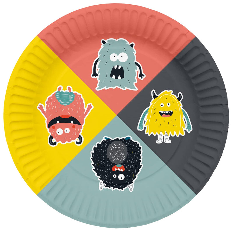 Folat 61928 Paper Party Tableware Round Paper Plates Diameter Monster Bash 23 cm - Pack of 8 Disposable Tableware Plates for Birthday Party, Baby Shower, Wedding, Bridal Shower, Multicoloured