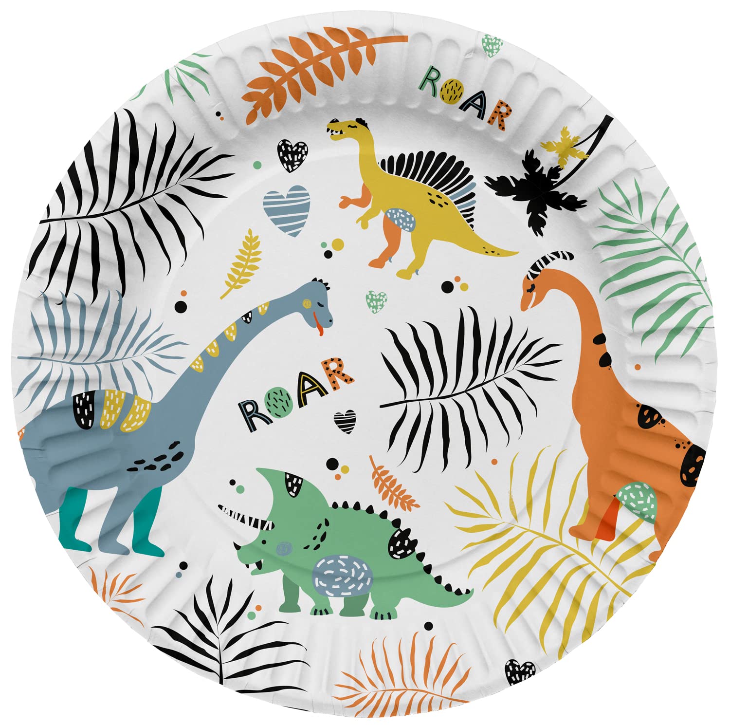 Folat 61930 Paper Party Tableware Pappteller Rund Ø Dino Roars 23cm-8 Stück Einweggeschirr Teller für Geburtstagsfeier, Babyparty, Hochzeit, Brautparty, Mehrfarbig