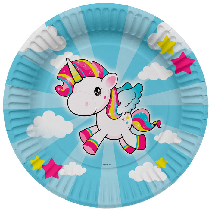 Folat 61933 Paper Party Tableware Paper Plates Round Diameter Unicorn 23 cm Pack of 8 Disposable Tableware Plates for Birthday Party, Baby Shower, Wedding, Bridal Shower, Multicoloured