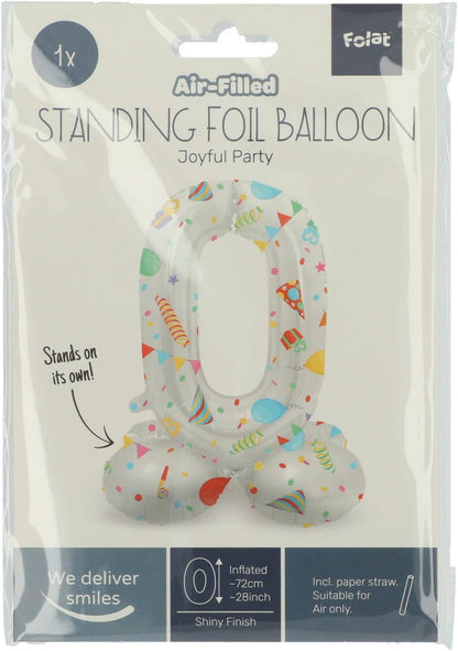 Folat 63960 Luftballon Geburtstag Stehender Ziffer 0 Joyful Party Weiß mit Geschenke und Dekoration 72 cm-Decoration Geburtstagdeko, Ballon Zahl, Kein Helium erforderlich, Bunt Zahl 0