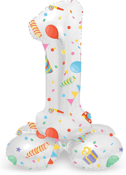 Folat 63961 Luftballon Geburtstag Stehender Ziffer 1 Joyful Party Weiß mit Geschenke und Dekoration 72 cm-Decoration Geburtstagdeko, Ballon Zahl, Kein Helium erforderlich, Bunt Zahl 1