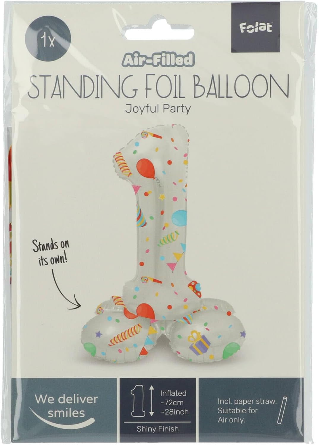 Folat 63961 Luftballon Geburtstag Stehender Ziffer 1 Joyful Party Weiß mit Geschenke und Dekoration 72 cm-Decoration Geburtstagdeko, Ballon Zahl, Kein Helium erforderlich, Bunt Zahl 1