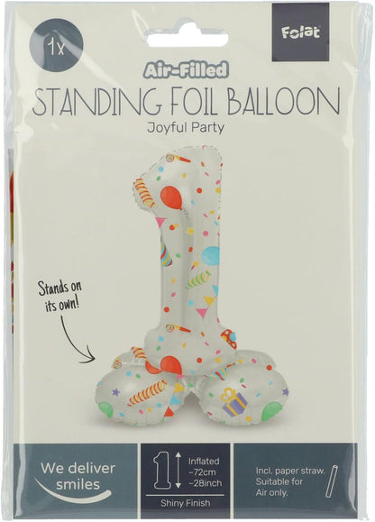Folat 63961 Luftballon Geburtstag Stehender Ziffer 1 Joyful Party Weiß mit Geschenke und Dekoration 72 cm-Decoration Geburtstagdeko, Ballon Zahl, Kein Helium erforderlich, Bunt Zahl 1