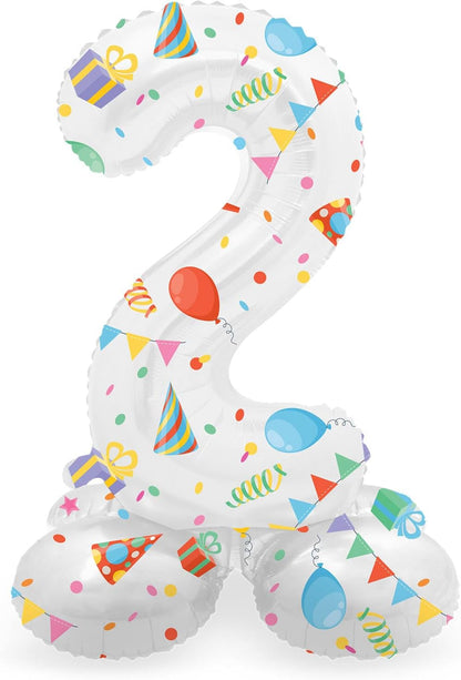 Folat 63962 Luftballon Geburtstag Stehender Ziffer 2 Joyful Party Weiß mit Geschenke und Dekoration 72 cm-Decoration Geburtstagdeko, Ballon Zahl, Kein Helium erforderlich, Bunt Zahl 2