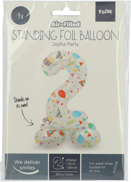 Folat 63962 Luftballon Geburtstag Stehender Ziffer 2 Joyful Party Weiß mit Geschenke und Dekoration 72 cm-Decoration Geburtstagdeko, Ballon Zahl, Kein Helium erforderlich, Bunt Zahl 2