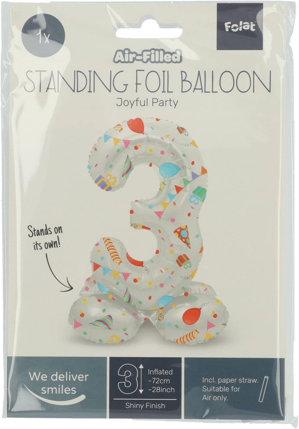 Folat 63963 Luftballon Geburtstag Stehender Ziffer 3 Joyful Party Weiß mit Geschenke und Dekoration 72 cm-Decoration Geburtstagdeko, Ballon Zahl, Kein Helium erforderlich, Bunt Zahl 3