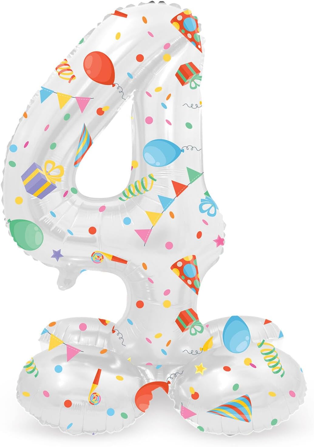 Folat 63964 Luftballon Geburtstag Stehender Ziffer 4 Joyful Party Weiß mit Geschenke und Dekoration 72 cm-Decoration Geburtstagdeko, Ballon Zahl, Kein Helium erforderlich, Bunt Zahl 4