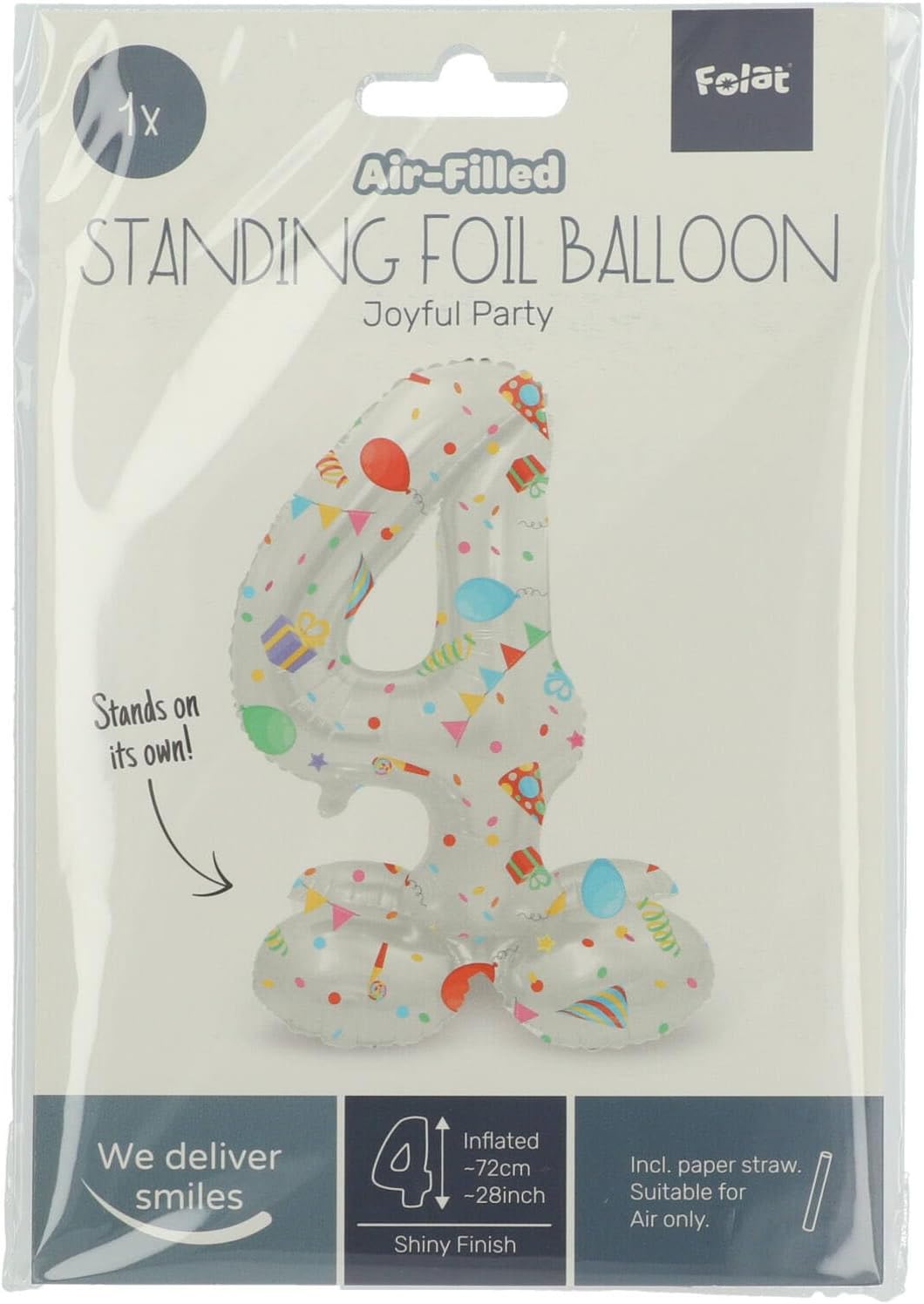 Folat 63964 Luftballon Geburtstag Stehender Ziffer 4 Joyful Party Weiß mit Geschenke und Dekoration 72 cm-Decoration Geburtstagdeko, Ballon Zahl, Kein Helium erforderlich, Bunt Zahl 4