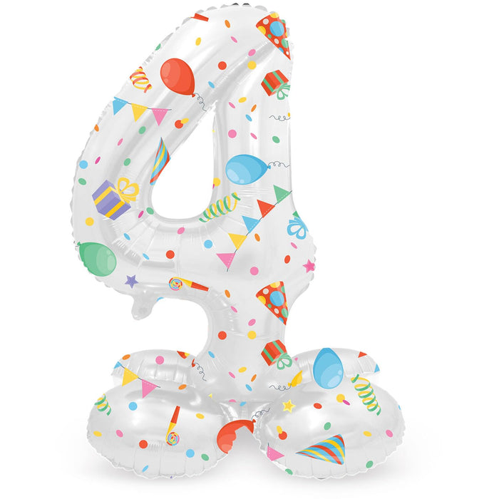 Folat 63964 Standing 4 Joyful Party White with Gifts 72 cm Birthday Decoration, Balloon Number, No Helium Required, Multicoloured, Standard Size