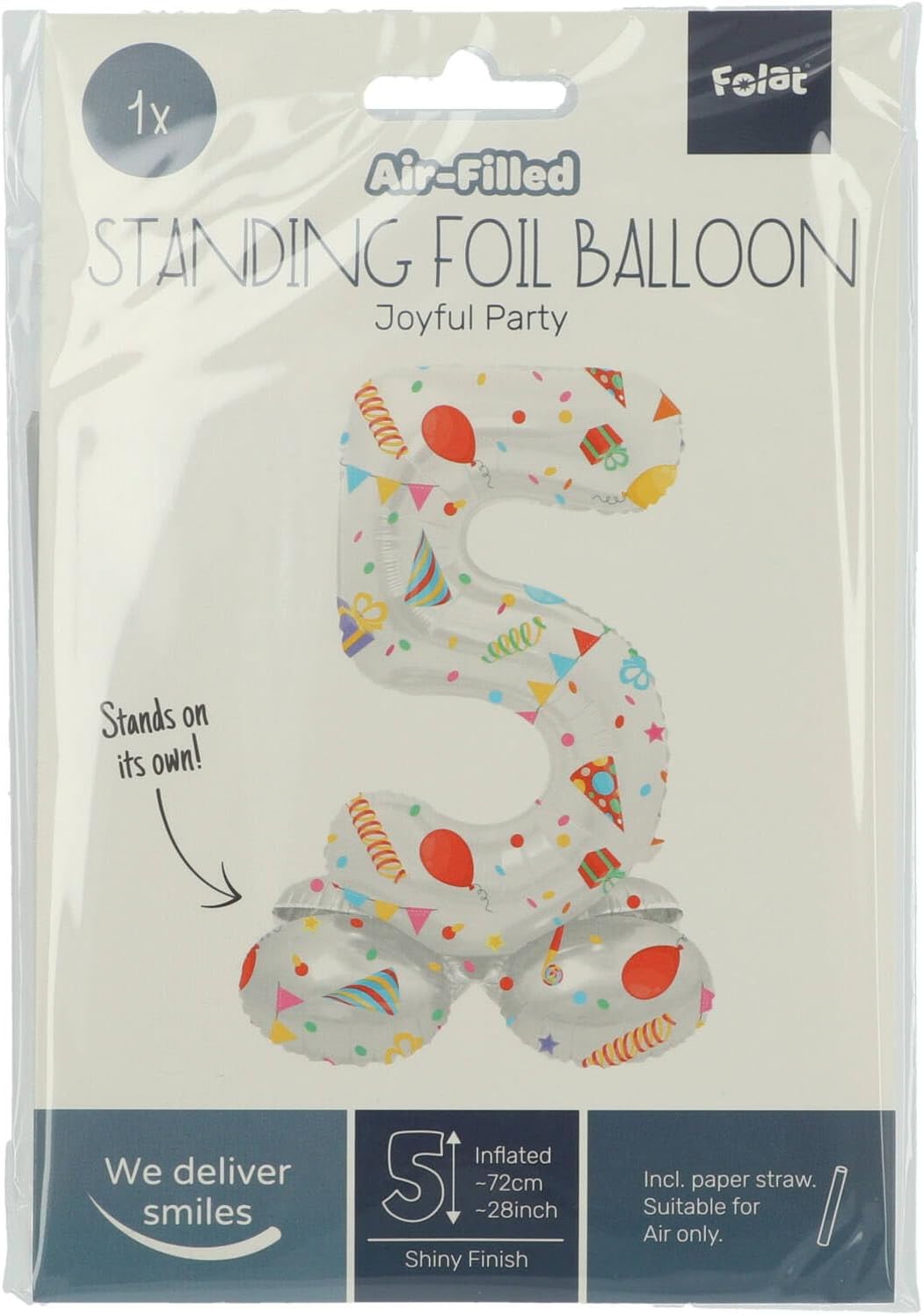 Folat 63965 Luftballon Geburtstag Stehender Ziffer 5 Joyful Party Weiß mit Geschenke und Dekoration 72 cm-Decoration Geburtstagdeko, Ballon Zahl, Kein Helium erforderlich, Bunt Zahl 5