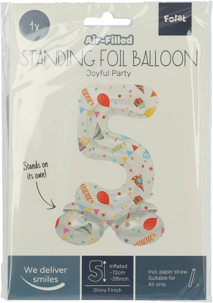 Folat 63965 Luftballon Geburtstag Stehender Ziffer 5 Joyful Party Weiß mit Geschenke und Dekoration 72 cm-Decoration Geburtstagdeko, Ballon Zahl, Kein Helium erforderlich, Bunt Zahl 5