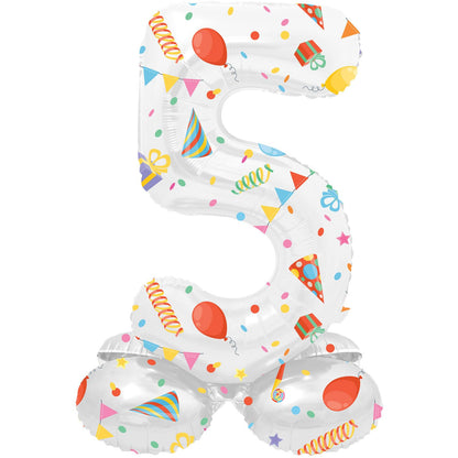 Folat 63965 Luftballon Geburtstag Stehender Ziffer 5 Joyful Party Weiß mit Geschenke und Dekoration 72 cm-Decoration Geburtstagdeko, Ballon Zahl, Kein Helium erforderlich, Bunt Zahl 5