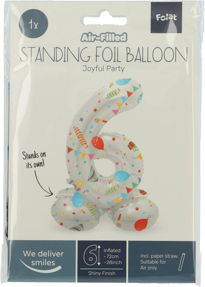 Folat 63966 Luftballon Geburtstag Stehender Ziffer 6 Joyful Party Weiß mit Geschenke und Dekoration 72 cm-Decoration Geburtstagdeko, Ballon Zahl, Kein Helium erforderlich, Bunt Zahl 6