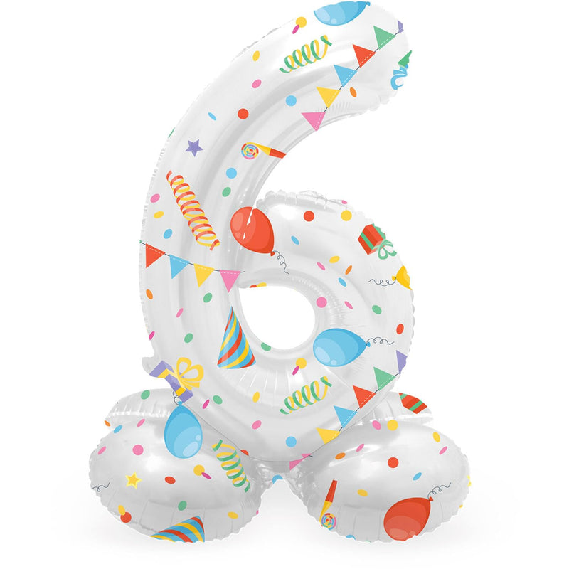 Folat 63966 Luftballon Geburtstag Stehender Ziffer 6 Joyful Party Weiß mit Geschenke und Dekoration 72 cm-Decoration Geburtstagdeko, Ballon Zahl, Kein Helium erforderlich, Bunt Zahl 6