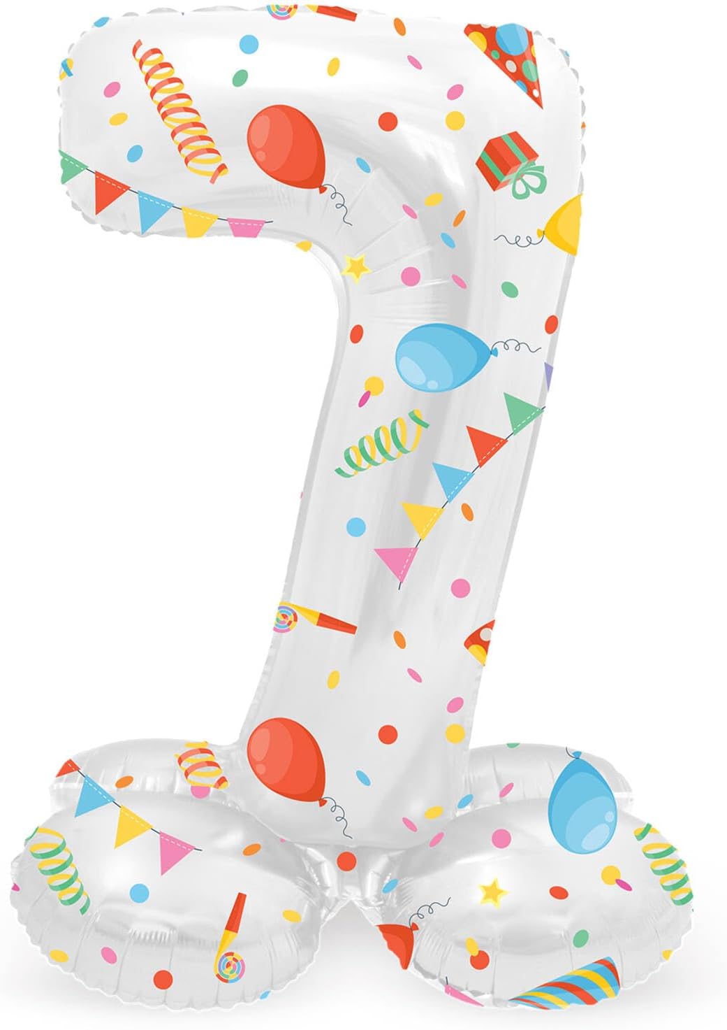 Folat 63967 Luftballon Geburtstag Stehender Ziffer 7 Joyful Party Weiß mit Geschenke und Dekoration 72 cm-Decoration Geburtstagdeko, Ballon Zahl, Kein Helium erforderlich, Bunt Zahl 7