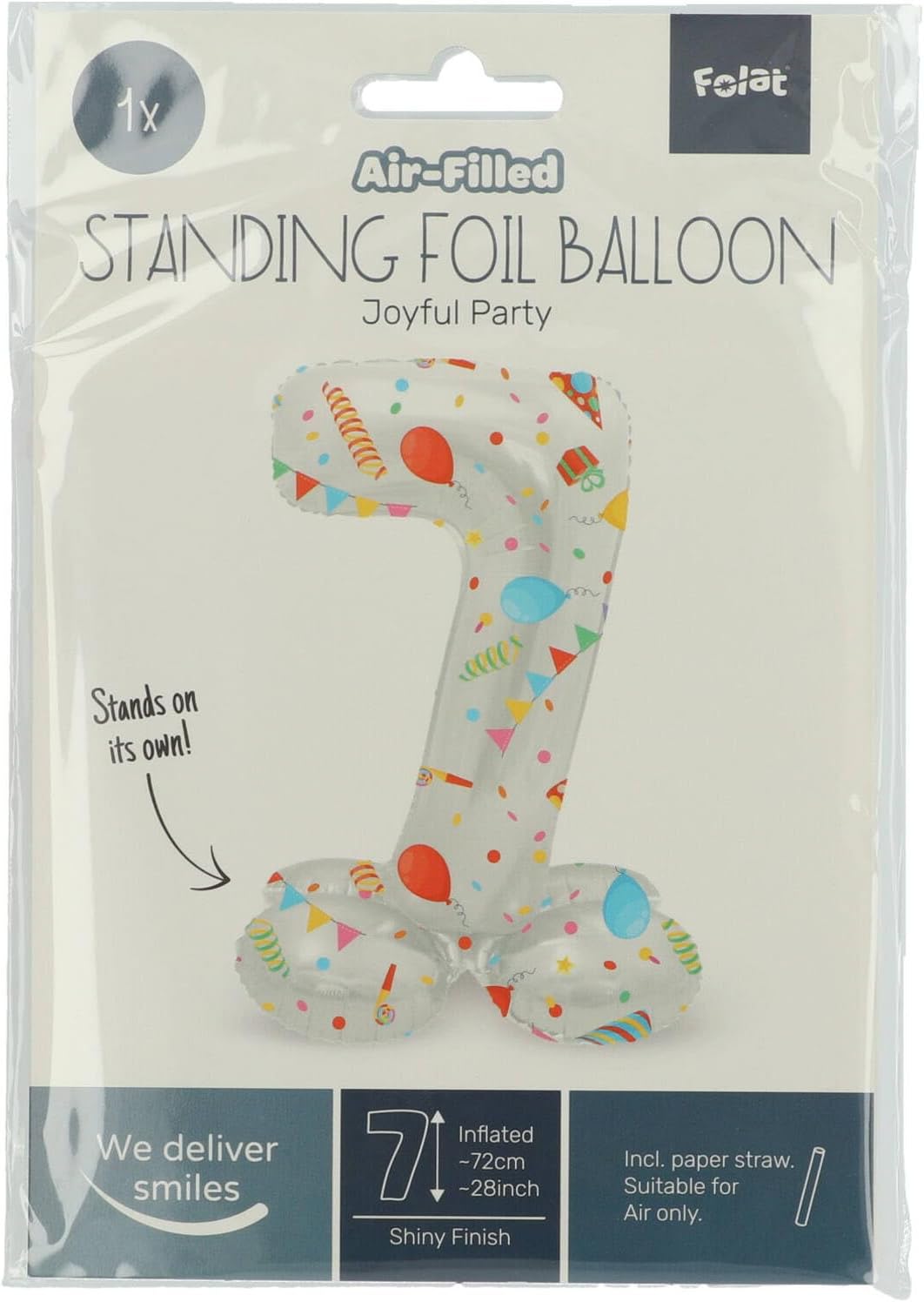 Folat 63967 Luftballon Geburtstag Stehender Ziffer 7 Joyful Party Weiß mit Geschenke und Dekoration 72 cm-Decoration Geburtstagdeko, Ballon Zahl, Kein Helium erforderlich, Bunt Zahl 7