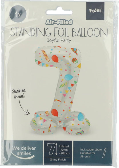 Folat 63967 Luftballon Geburtstag Stehender Ziffer 7 Joyful Party Weiß mit Geschenke und Dekoration 72 cm-Decoration Geburtstagdeko, Ballon Zahl, Kein Helium erforderlich, Bunt Zahl 7