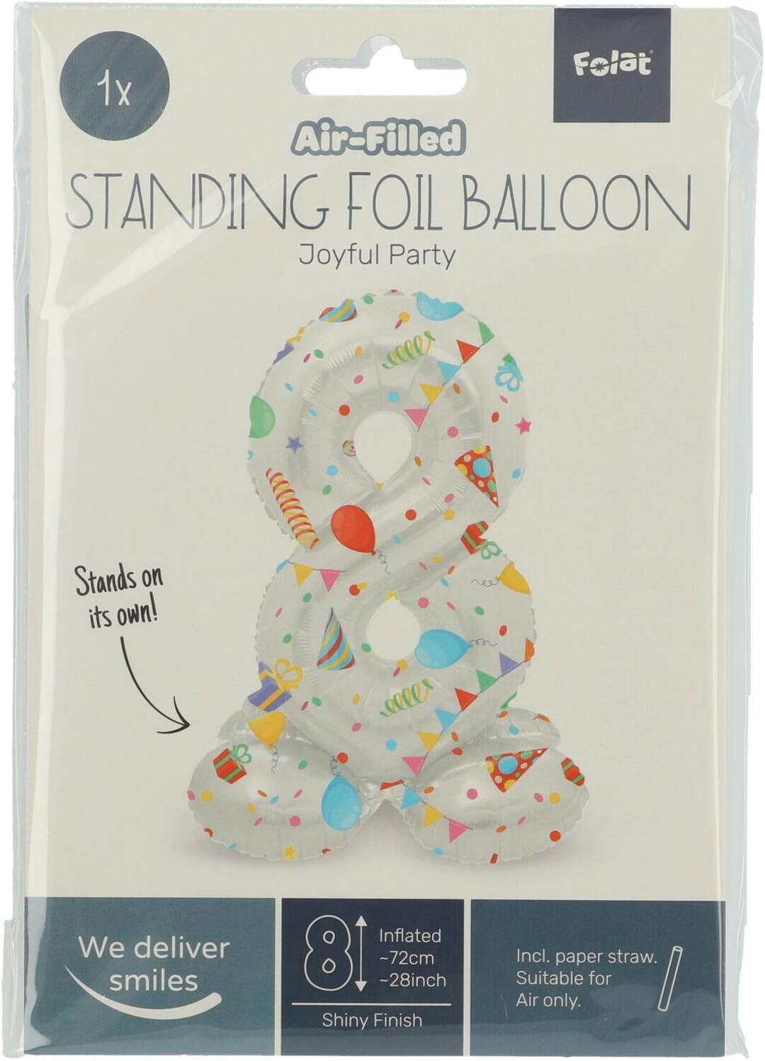 Folat 63968 Luftballon Geburtstag Stehender Ziffer 8 Joyful Party Weiß mit Geschenke und Dekoration 72 cm-Decoration Geburtstagdeko, Ballon Zahl, Kein Helium erforderlich, Bunt Zahl 8