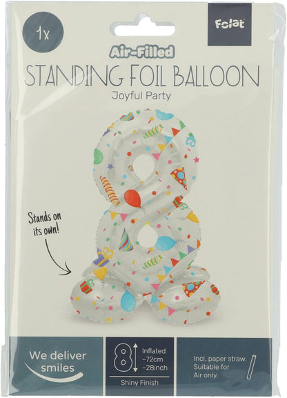 Folat 63968 Luftballon Geburtstag Stehender Ziffer 8 Joyful Party Weiß mit Geschenke und Dekoration 72 cm-Decoration Geburtstagdeko, Ballon Zahl, Kein Helium erforderlich, Bunt Zahl 8