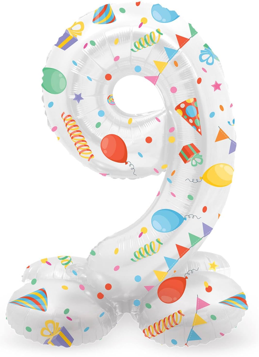 Folat 63969 Luftballon Geburtstag Stehender Ziffer 9 Joyful Party Weiß mit Geschenke und Dekoration 72 cm-Decoration Geburtstagdeko, Ballon Zahl, Kein Helium erforderlich, Bunt Zahl 9