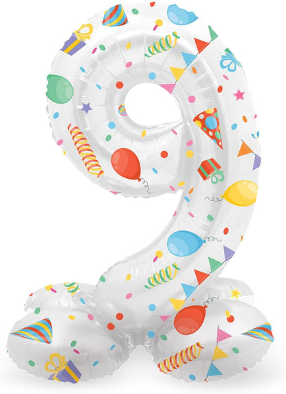 Folat 63969 Luftballon Geburtstag Stehender Ziffer 9 Joyful Party Weiß mit Geschenke und Dekoration 72 cm-Decoration Geburtstagdeko, Ballon Zahl, Kein Helium erforderlich, Bunt Zahl 9