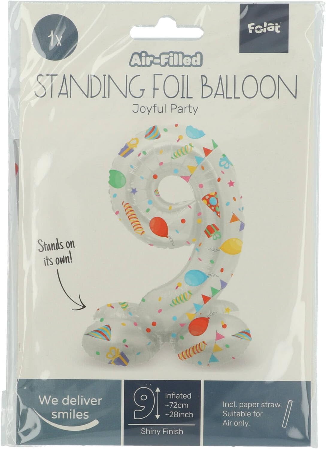 Folat 63969 Luftballon Geburtstag Stehender Ziffer 9 Joyful Party Weiß mit Geschenke und Dekoration 72 cm-Decoration Geburtstagdeko, Ballon Zahl, Kein Helium erforderlich, Bunt Zahl 9