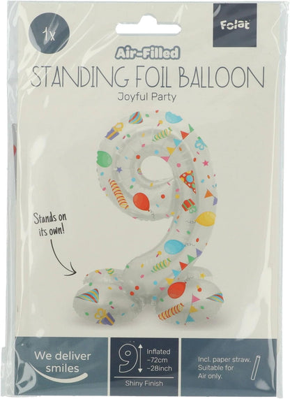 Folat 63969 Luftballon Geburtstag Stehender Ziffer 9 Joyful Party Weiß mit Geschenke und Dekoration 72 cm-Decoration Geburtstagdeko, Ballon Zahl, Kein Helium erforderlich, Bunt Zahl 9