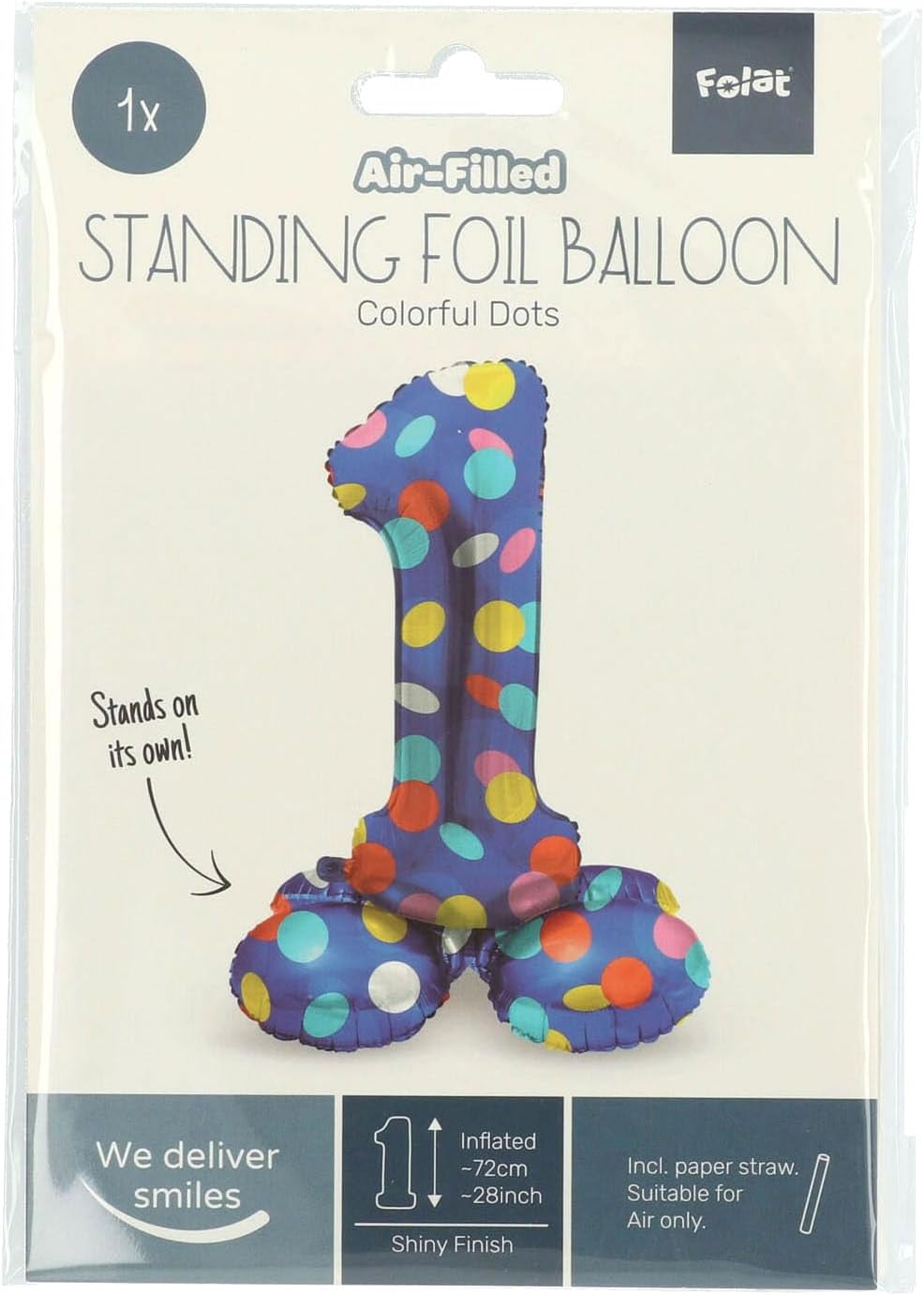 Folat 63971 Standing 1 Blue with Coloured Dots 72 cm Birthday Decoration Balloon Number No Helium Required, Multicoloured, Standard Size Number 1