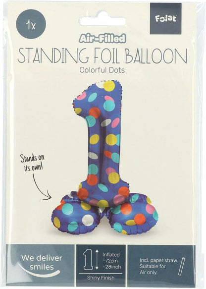 Folat 63971 Standing 1 Blue with Coloured Dots 72 cm Birthday Decoration Balloon Number No Helium Required, Multicoloured, Standard Size Number 1