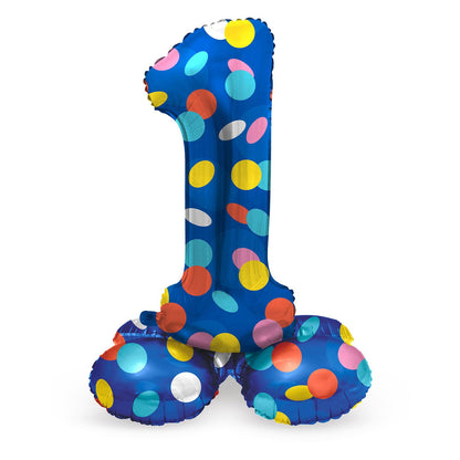 Folat 63971 Standing 1 Blue with Coloured Dots 72 cm Birthday Decoration Balloon Number No Helium Required, Multicoloured, Standard Size Number 1