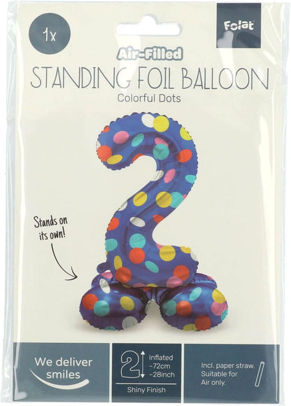 Folat 63972 Luftballon Geburtstag Stehender Ziffer 2 Colorful Dots Blau mit farbigen Punkten 72 cm-Decoration Geburtstagdeko, Ballon Zahl, Kein Helium erforderlich, Bunt Zahl 2