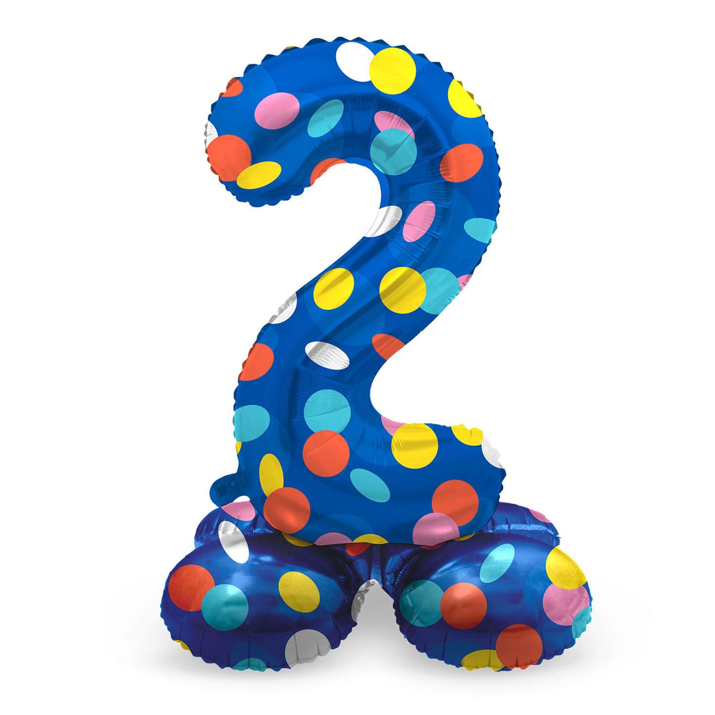 Folat 63972 Luftballon Geburtstag Stehender Ziffer 2 Colorful Dots Blau mit farbigen Punkten 72 cm-Decoration Geburtstagdeko, Ballon Zahl, Kein Helium erforderlich, Bunt Zahl 2