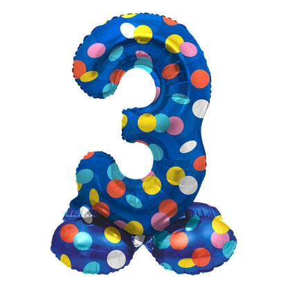 Folat 63973 Standing 3 Blue with Coloured Dots 72 cm Birthday Decoration Balloon Number No Helium Required, Multicoloured, Standard Size Number 3.