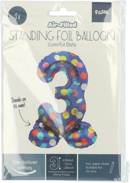 Folat 63973 Standing 3 Blue with Coloured Dots 72 cm Birthday Decoration Balloon Number No Helium Required, Multicoloured, Standard Size Number 3.