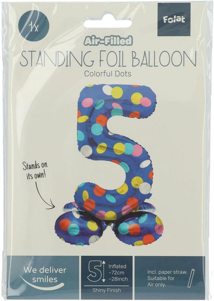 Folat 63975 Standing 5 Blue with Coloured Dots 72 cm Birthday Decoration Balloon Number No Helium Required, Multicoloured, Standard Size