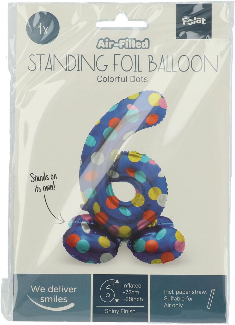 Folat 63976 Luftballon Geburtstag Stehender Ziffer 6 Colorful Dots Blau mit farbigen Punkten 72 cm-Decoration Geburtstagdeko, Ballon Zahl, Kein Helium erforderlich, Bunt Zahl 6