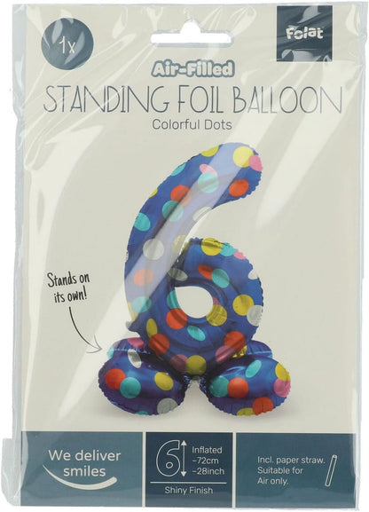Folat 63976 Luftballon Geburtstag Stehender Ziffer 6 Colorful Dots Blau mit farbigen Punkten 72 cm-Decoration Geburtstagdeko, Ballon Zahl, Kein Helium erforderlich, Bunt Zahl 6