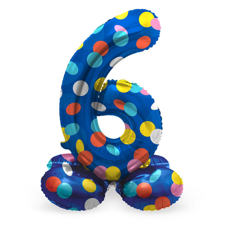 Folat 63976 Luftballon Geburtstag Stehender Ziffer 6 Colorful Dots Blau mit farbigen Punkten 72 cm-Decoration Geburtstagdeko, Ballon Zahl, Kein Helium erforderlich, Bunt Zahl 6