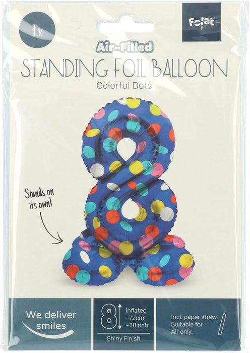 Folat 63978 Standing 8 Blue with Coloured Dots 72 cm Birthday Decoration Balloon Number No Helium Required, Multicoloured, Standard Size
