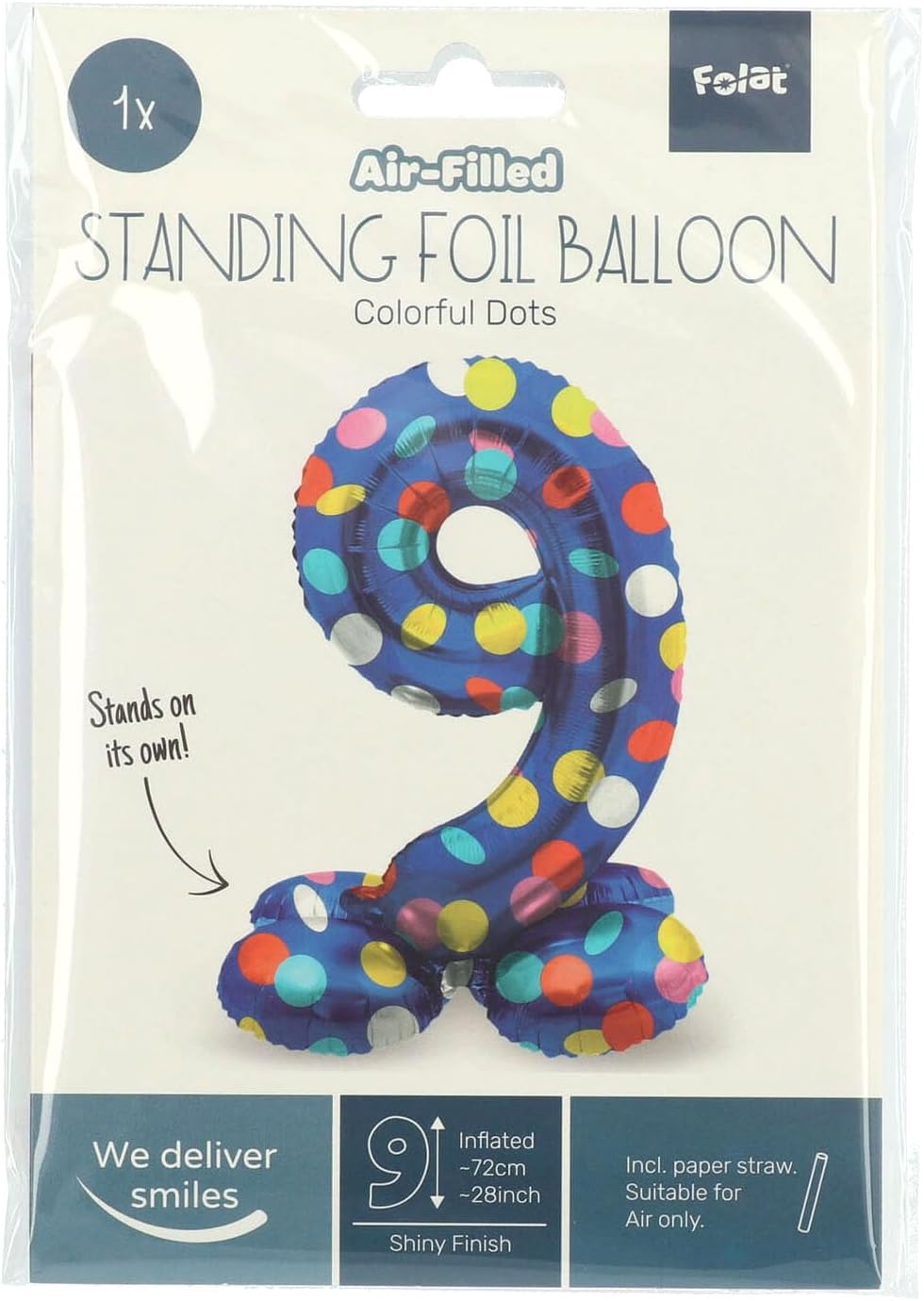 Folat 63979 Luftballon Geburtstag Stehender Ziffer 9 Colorful Dots Blau mit farbigen Punkten 72 cm-Decoration Geburtstagdeko, Ballon Zahl, Kein Helium erforderlich, Bunt Zahl 9