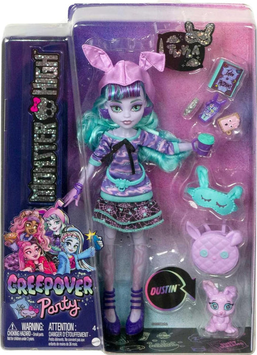 Monster High Doll and Sleepover Accessories, Twyla Doll with Pet Bunny Dustin, Creepover Party, HLP87 Twyla Nightwear Set