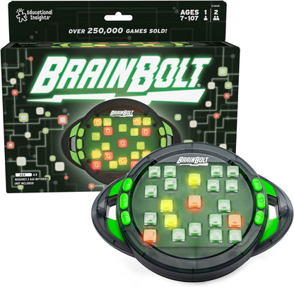 Learning Resources EI-8435 BrainBolt Brain Teaser, Puzzle Ages 7 to 107, Highly Competitive, Mind-Melting Light-Up Memory Game, Educational Insights, Solo or Two Player, for Travel, Black, Green, 20.3