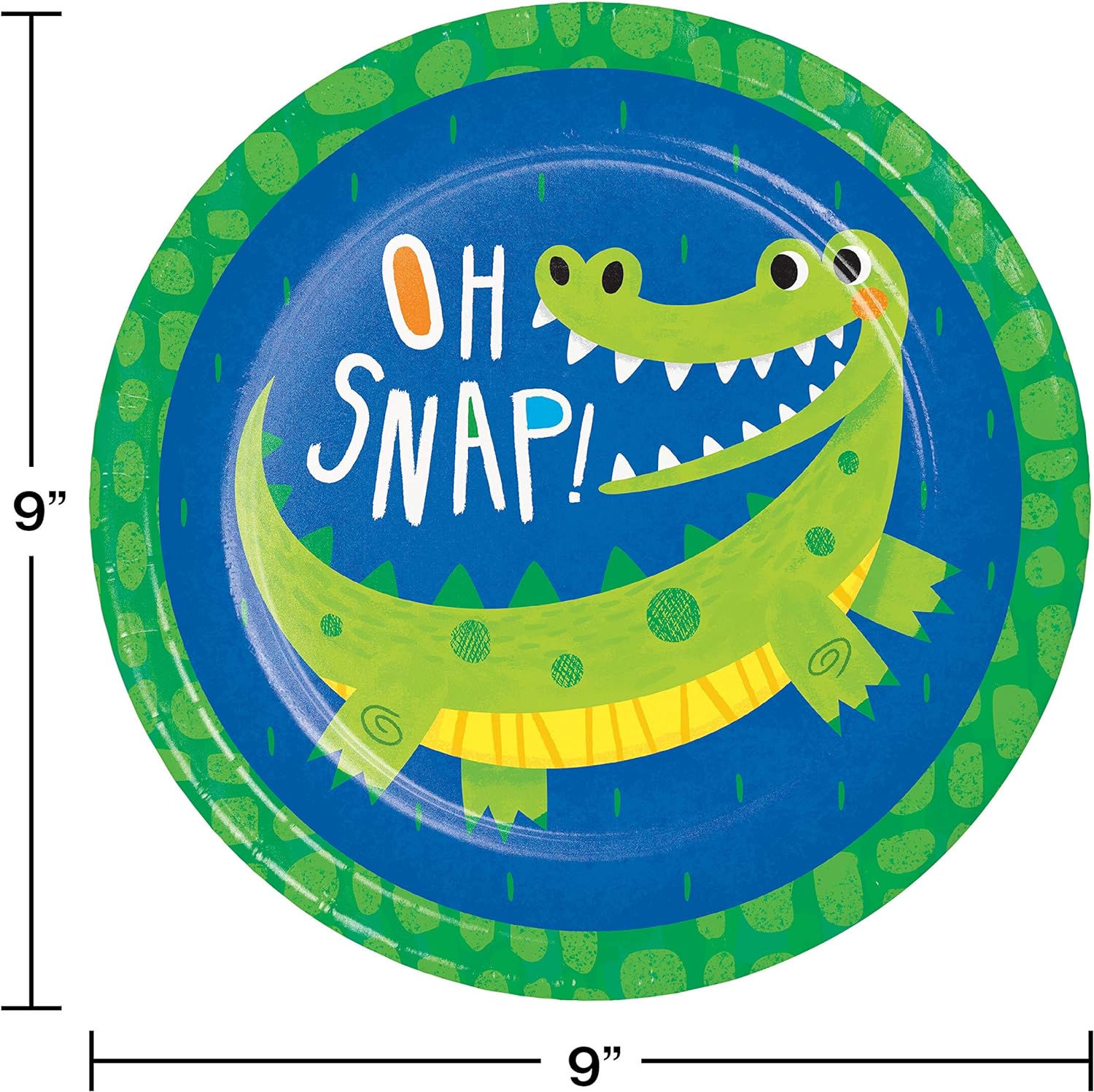 Creative Converting PC350511 Alligator Birthday Party Paper Dinner Plates, Bright Green, Blue, and Yellow
