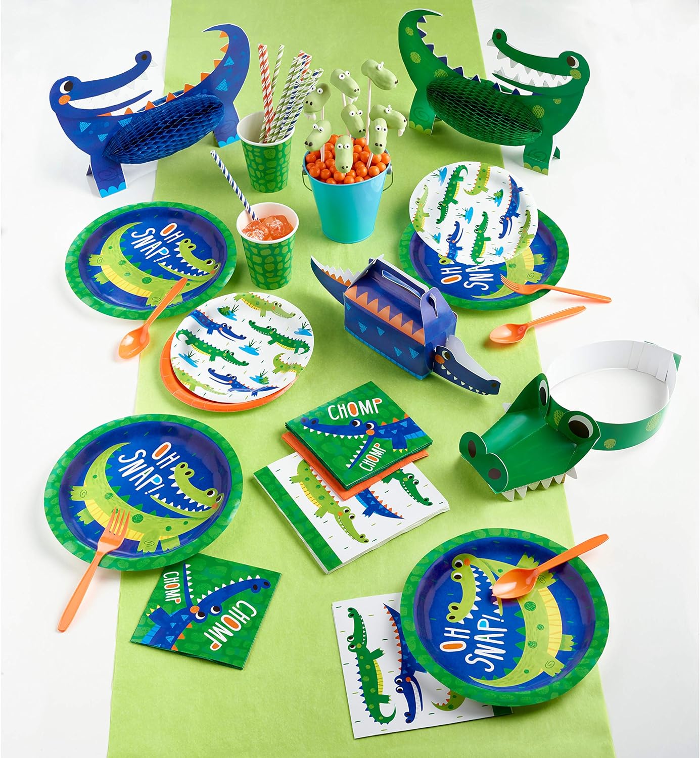 Creative Converting PC350515 Alligator Birthday Party Paper Tablecover, Bright Green, Blue, and Yellow, 54" x 102"