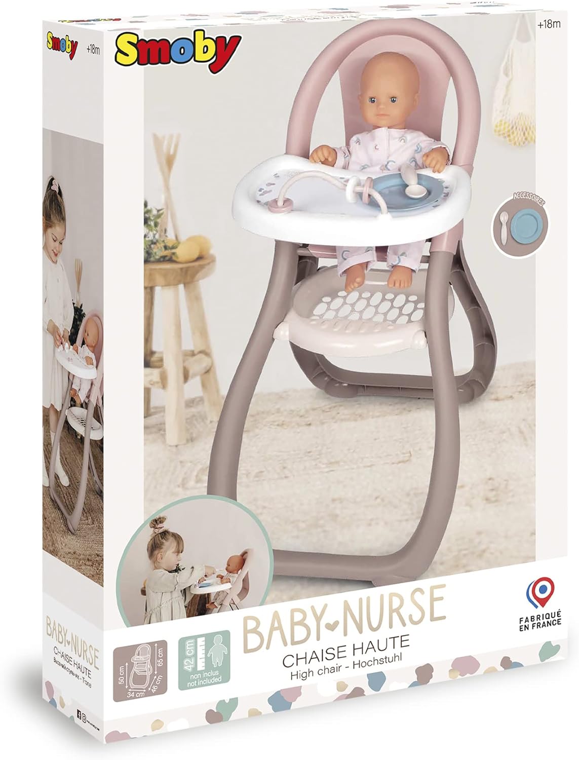 Smoby- Baby Nurse Trona para Muñeco Bebé, Incluye Accesorios, Adecuado para Muñecos de hasta 42cm, (77600220370)